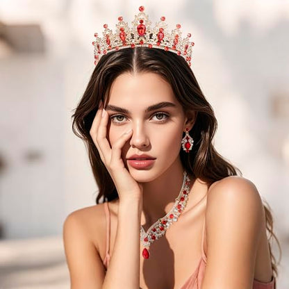 Crowns and Tiaras jewelry sets for Wedding princess birthday party Halloween Prom Pageant Jewelry for Women Crystal Bridal Jewelry Set for women - color: Gold Red