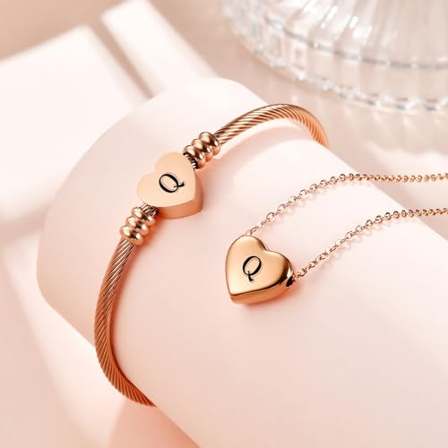 MYNENEY Necklace and Bracelet for Women Stainless Steel Initial Jewelry Set - color: Rose Gold-Q