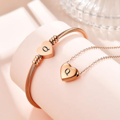 MYNENEY Necklace and Bracelet for Women Stainless Steel Initial Jewelry Set - color: Rose Gold-Q