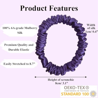 VLOMOT 3 Pcs Set 100% Pure Mulberry Silk Hair Scrunchies (Purple) | Silk Hair Ties for Thin Hair with 3 Chic Colors Everyday Skinny Scrunchies Silk Ponytail Holders Hair Care No Damage - color: Purple