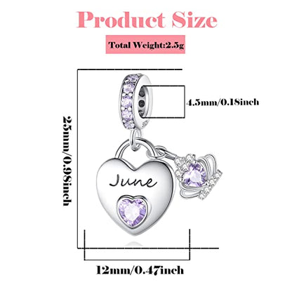 Birthstone Charms for Charms Bracelet: 925 Sterling Silver Heart Dangle Charms for Bracelets and Necklaces, Birthday Mother's Day Christmas Gifts For Women. - color: June