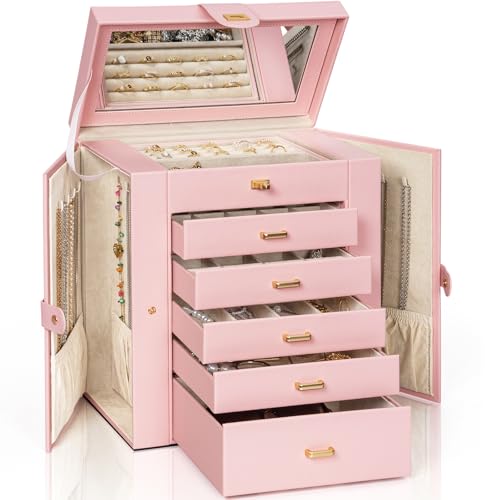 AKOZLIN 6-Tier Jewelry Box Organizer Functional 5 Drawers Leather Jewelry Storage Case for Women Girls Ring Necklace Earring Bracelet Holder Organizer with Mirror Light Pink Large - color: Light Pink, size: Large