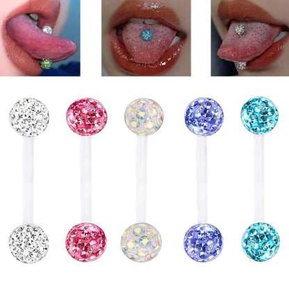 12pc Flexible Acrylic Bar Coated CZ Crystal Ball Barbell Tongue Ring Stud Nipple Body Piercing Bioflex Retainer Jewelry Set - color: Pink