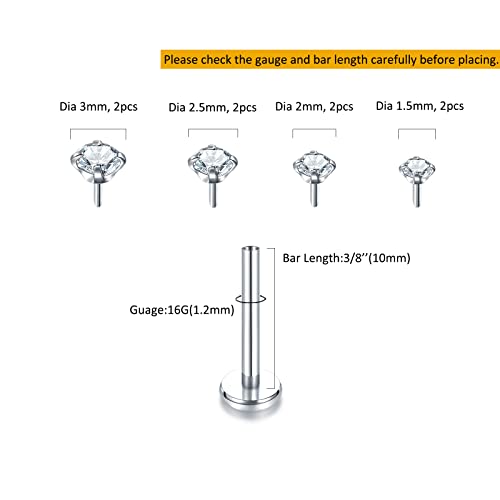 Oveta Threadless Push in Lip Rings 16G/18G/20G Labret Jewelry CZ Lip Studs Stainless Steel Cartilage Earrings for Women Monroe Medusa Piercing Jewelry 6/7/8/10/12mm Bar Length - color: Silver, size: 16G*10mm bar*1.5/2/2.5/3mm cz