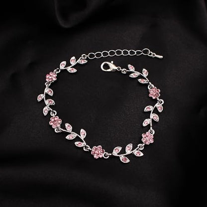 Austrian Crystal Rhinestone Choker Necklace Dangle Earring Link Bracelet Jewelry Set for Brides Bridesmaid Prom Costume Accessories for Women - color: Pink-Platinum Plated