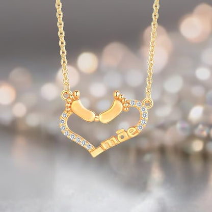 Gold Plated Pendant Necklaces for Women Cubic Zirconia Accent 18 Inch Adjustable Chain Hypoallergenic Gift for Wife Mom Birthday Valentines Day - style: Footprint love heart