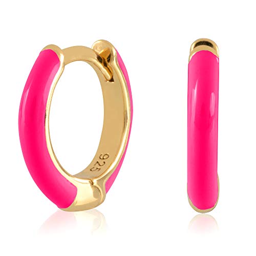 14K Gold Plated Sterling Silver Enamel Color Huggie Hoop Earrings for Women – Wide Range of Vibrant Color Options Available - color: Pink ( Neon )