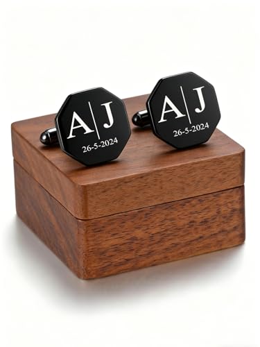 PiercingJ Custom Cufflinks for Men, Personalized Monogram Cufflinks for Groomsmen, Personalized Initial Cuff Links Wedding Gifts for Groom, Groomsmen, Father of Bride, Best Men Husband Dad - color: black