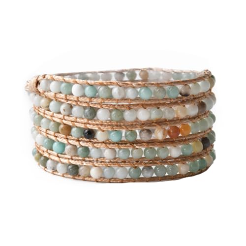 YGLINE Natural Stone Wrap Bracelet for Women Boho Bracelets Healing Crystal Beaded Bracelet Adjustable 3/5 Wraps Bracelet Handmade Birthday Gifts for Women - color: Amazonite(5 wraps)