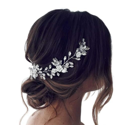 Bride Flower Wedding Hair Vine Pearls Bridal Hair Piece Crystal Hair Accessories for Women
