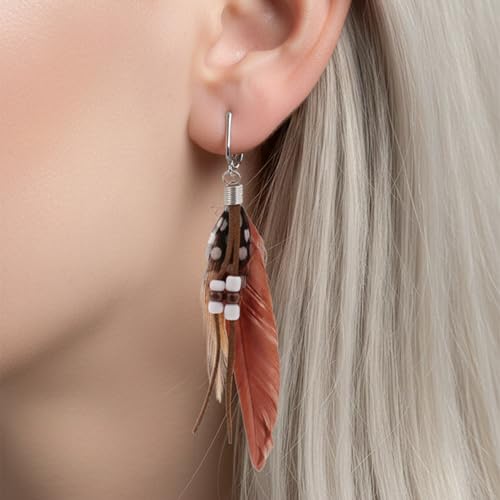 Aloha Earrings-Clip On Real Feather Earrings-Dangle Clip On Earrings Tassel Long Clip Earrings Bohemian - color: Brown Feathers