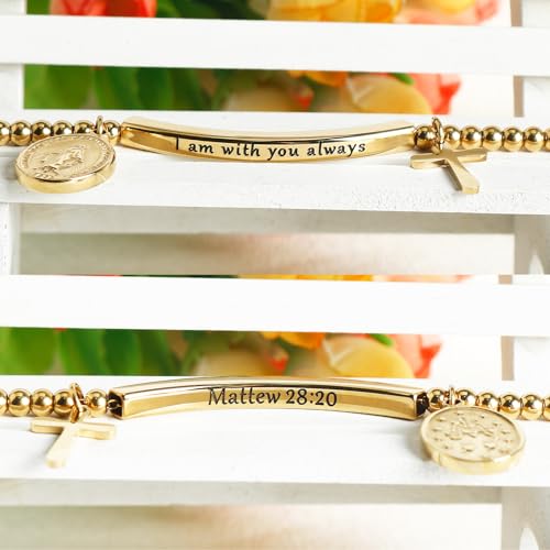 DS Inspirational Bracelet for Women Christian Engraved Bibler Verse Cross Butterfly Daisies Charm Bracelet, Exquisite Stainless Steel Jewelry Daughter Best Friend Bestie - style: I am with you always-Gold