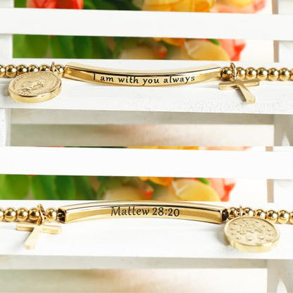 DS Inspirational Bracelet for Women Christian Engraved Bibler Verse Cross Butterfly Daisies Charm Bracelet, Exquisite Stainless Steel Jewelry Daughter Best Friend Bestie - style: I am with you always-Gold