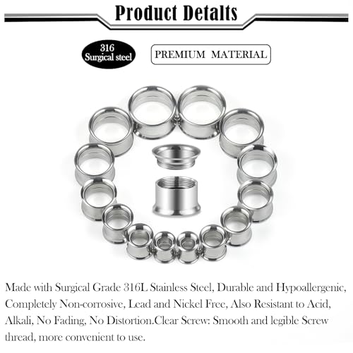 12G-25mm Double Flare Thin Gauges Tunnels Plugs Stretching Kit 316L Surgical Stainless Steel Hollow Gauge Tunnel Plug for Ear 12G 10G 8G 6G 4G 2G 0G 00G 12mm 14mm 16mm 18mm 20mm 22mm 25mm - color: Silver Tone, size: 12G(2.0mm)-14mm