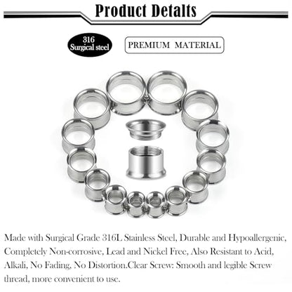 12G-25mm Double Flare Thin Gauges Tunnels Plugs Stretching Kit 316L Surgical Stainless Steel Hollow Gauge Tunnel Plug for Ear 12G 10G 8G 6G 4G 2G 0G 00G 12mm 14mm 16mm 18mm 20mm 22mm 25mm - color: Silver Tone, size: 12G(2.0mm)-14mm