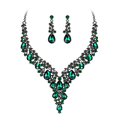 BriLove Women's Wedding Bridal Austrian Crystal Teardrop Flower Cluster Statement Necklace Dangle Earrings Jewelry Set for Party Prom - color: 2Pcs-Emerald Color Black-Tone