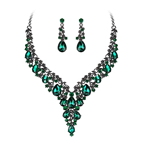 BriLove Women's Wedding Bridal Austrian Crystal Teardrop Flower Cluster Statement Necklace Dangle Earrings Jewelry Set for Party Prom - color: 2Pcs-Emerald Color Black-Tone