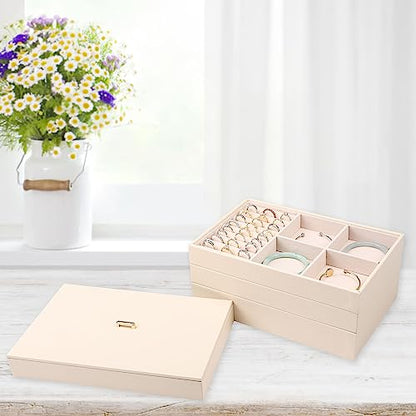 Voova Stackable Jewelry Organizer Tray with Lid (Set of 4, Apricot) | Stackable PU leather jewelry trays with drawer inserts for earrings, rings, necklaces, bracelets and watches; set of 4 - color: Apricot