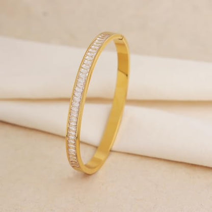 Gold Rhinestone Bangles Bracelets for Women, Chunky Crystal Stainless Steel Stackable Cuff Bracelet Prom Fashion Jewelry Gift - color: White