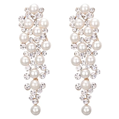 BriLove Women's Wedding Bridal Crystal Simulated Pearl Multi Beaded Cluster Chandelier Dangle Earrings - color: Ivory Color