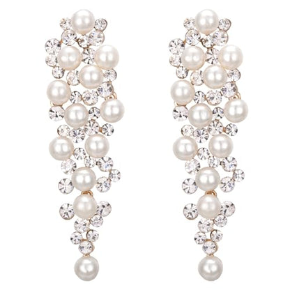 BriLove Women's Wedding Bridal Crystal Simulated Pearl Multi Beaded Cluster Chandelier Dangle Earrings - color: Ivory Color