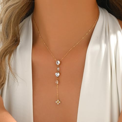 Lariat Necklaces for Women 18K Gold Plated Cubic Zirconia Heart Necklaces Dainty Star Lightning Sun and Moon Necklace Trendy Y Shaped Drop Diamond Necklace - color: Heart CZ Y Necklace-Gold