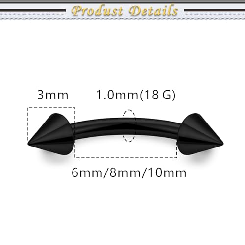 Internally Threaded Eyebrow Piercing Jewelry Surgical Steel Tiny Eyebrow Rings Vertical Labret Lip Jewelry Small Ear Rook Earring for Women Men 18g 16g 14g Plus Piercing Ball Grabber Tool - color: black, size: 18g,spike end