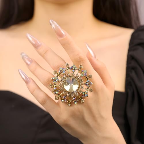 Elegant Big Crystal Ring for Women Gold Stacking Pearl Rhinestone Flower Rings Open Finger Adjustable Crystal Statement Ring Jewelry for Bridal Wedding - color: Crystal 6-gold