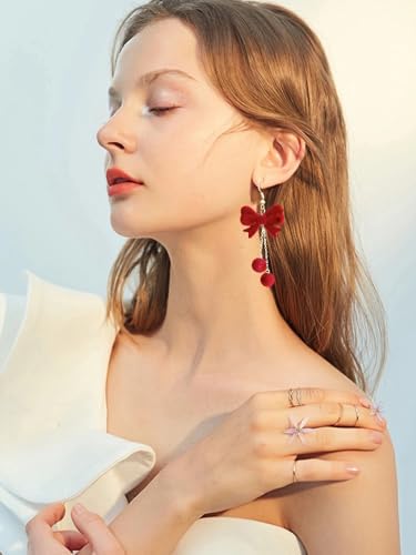 14K Gold Plated Heart Earrings for Women, Heart/Flower/Bow/Pearl Earrings Drop Stud Huggie Hoop Earring Hypoallergenic Earrings Christmas Earrings Festival Party Jewelry Gifts for Women - color: Red-Bow