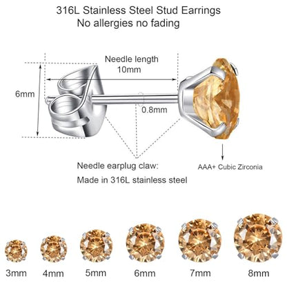 6 Pairs Stud Earrings Set, Hypoallergenic Cubic Zirconia Earrings 316L Stainless Steel CZ Earrings 3-8mm - color: A-Champagne CZ