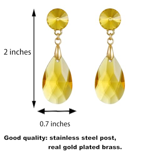 Round and Teardrop Crystal Stud Dangle Earrings Hypoallergenic Gold Plated Birthstone Drop Earrings Trendy Evening Prom Pageant Jewelry Gift for Women - color: yellow
