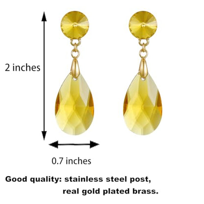 Round and Teardrop Crystal Stud Dangle Earrings Hypoallergenic Gold Plated Birthstone Drop Earrings Trendy Evening Prom Pageant Jewelry Gift for Women - color: yellow