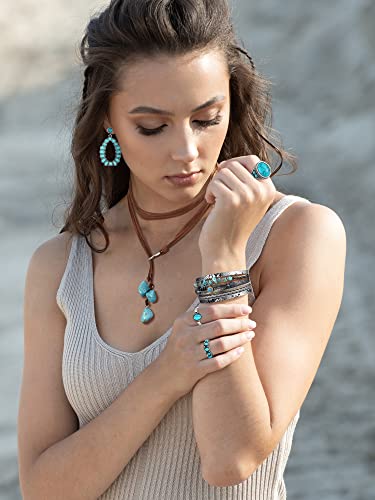 Ecally Bohemian Western Jewelry Turquoise Set Women Country Pendant Long Choker Layered Bracelets Earrings Ring for Women - color: Turquoise, style: Cowgirl