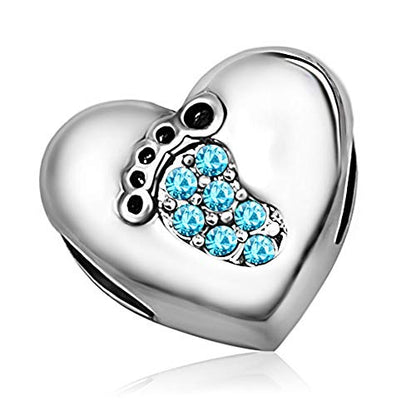 KunBead January-December Birthstone Footprint Heart Birthday Love Bead Charms Compatible with Pandora Bracelet for Mom Daughter Grandma Granddaughter - color: March