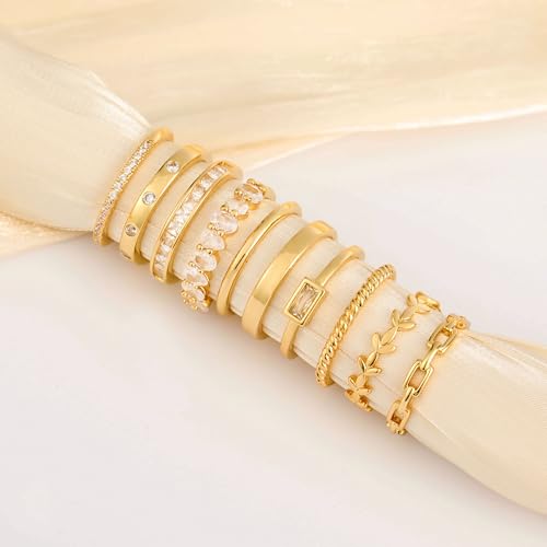 RLMOON Gold Ring Set for Women Dainty Silver Rose Gold Stackable Rings | 14K Gold Plated Simple Heart CZ Pinky Stacking Thumb Rings Plain Band Size 4-12(8-12PCS) - color: 10PCS Gold Rings