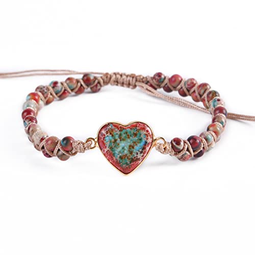 YGLINE Stone Bead Yoga Meditation Bracelet Healing Crystal Double Layer Natural Gemstone Beaded Relax Anxiety Bracelets for Women Men - color: jasper heart