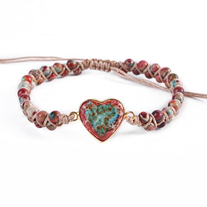 YGLINE Stone Bead Yoga Meditation Bracelet Healing Crystal Double Layer Natural Gemstone Beaded Relax Anxiety Bracelets for Women Men - color: jasper heart