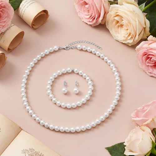 3Pcs White Faux Pearl Jewelry Set for Women – Pearl Necklace Earrings Bracelet Set for Wedding Bridal Birthday Tea Party Gift