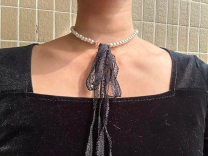 MOMOCAT Lace Choker Necklace for Women Bridal 90s Gothic Tatoo Choker Collar Kawaii Chocker Necklace Flower Ribbon Lolita Accessories - color: white and black