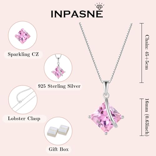 Square Princess Cut Necklace 925 Sterling Silver Solitaire Pendant Necklace Birthstone Jewelry Gifts for Women - color: 10 October - Pink Tourmaline