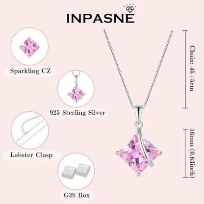 Square Princess Cut Necklace 925 Sterling Silver Solitaire Pendant Necklace Birthstone Jewelry Gifts for Women - color: 10 October - Pink Tourmaline