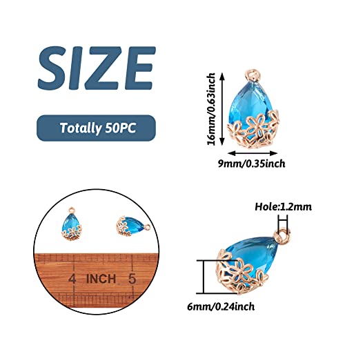 FASHEWELRY 50Pcs Faceted Teardrop Glass Pendants Transparent Crystal Drop Charms with Light Gold Brass Flower Setting for DIY Bracelet Necklace Earring Jewelry Craft Making - color: Light Blue