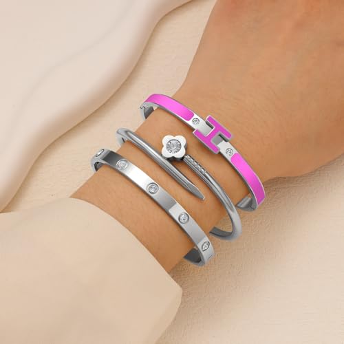 3Pcs Gold Bracelets for Women 14K Gold Plated Love/H/Nail Bangle Bracelet Dainty Non Tarnish Bracelet Jewelry Christmas Mothers Day Gifts for Women - color: 3Pcs Silver/Purple H bracelet