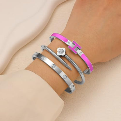3Pcs Gold Bracelets for Women 14K Gold Plated Love/H/Nail Bangle Bracelet Dainty Non Tarnish Bracelet Jewelry Christmas Mothers Day Gifts for Women - color: 3Pcs Silver/Purple H bracelet