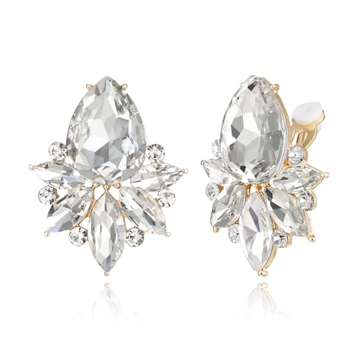 Flyonce Vintage Rhinestone Clip On Stud Earrings, Non-Piercing | Fancy Crystal Cluster, Teardrop Art Deco, Non Pierced, For Wedding Bridal Brides, Formal, Hypoallergenic - color: Clear Gold-Tone
