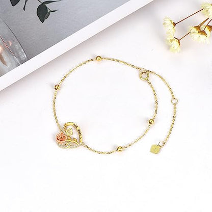 Aihpos 14K Solid Gold Heart Anklets for Women - Real Gold Flower Ankle Bracelets 14 Karat Anklets for Her, 8+2 Inch