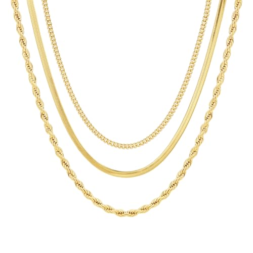 Herringbone Choker Necklace Set Double Layer Snake Chain Herringbone Chain Necklace Layering Necklace Set Cuban Chain Necklace for Women - style: 3 layered Snake/Cuba/Rope -GD