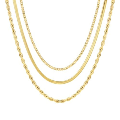 Herringbone Choker Necklace Set Double Layer Snake Chain Herringbone Chain Necklace Layering Necklace Set Cuban Chain Necklace for Women - style: 3 layered Snake/Cuba/Rope -GD