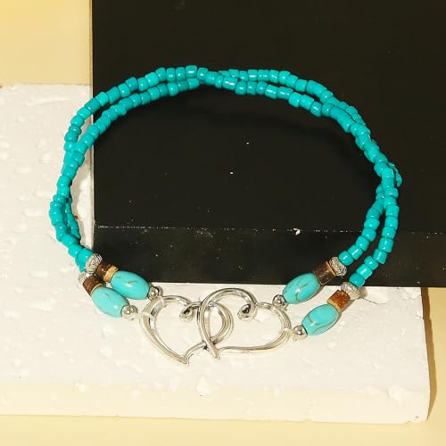 Elastic Beaded Ankle Bracelets for Women Double Heart Layered Stretch Ankle Bracelets Waterproof Dainty Boho Beaded Anklets for Summer Beach Foot Jewelry - color: Blue-Green Silver