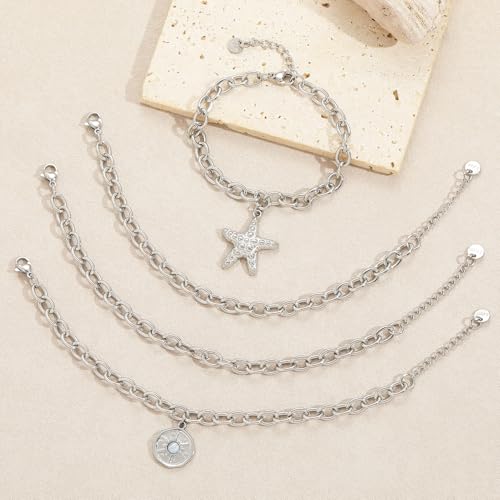 10 PCS Bracelets for Women Stainless Steel Chain Link Bracelet Set | 6.7 Inches with Extender, Jewelry Gifts for DIY, Chains Bulk, Oval, Curb, Figaro Chains, 18K Gold Plated, Silver, Chunky - color: Rolo Silver